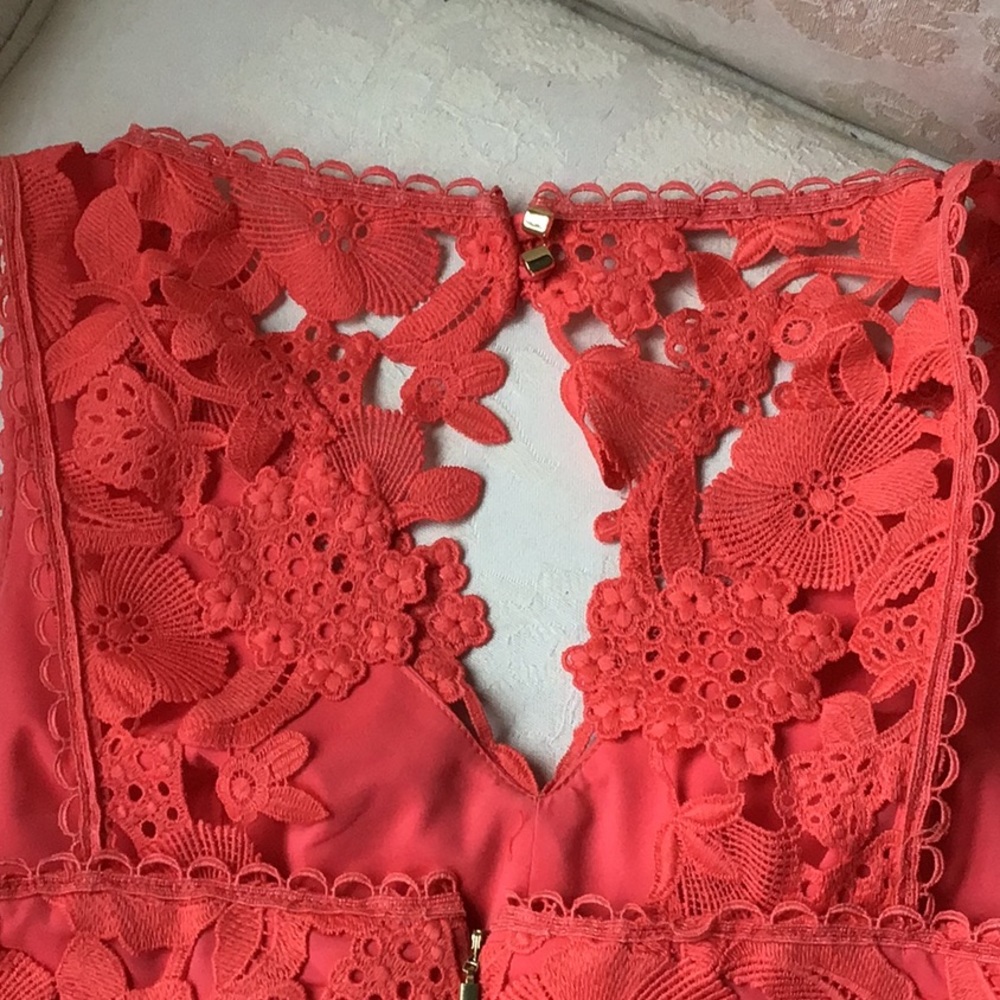 Trina Turk Bright Coral Lace cocktail dress.